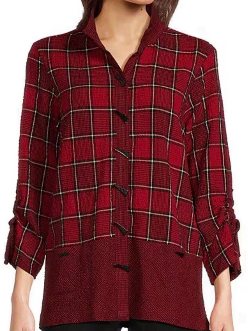Ali Miles Plaid Print 3/4 Cinched Tie Sleeve Button Up Tunic Women’s Medium